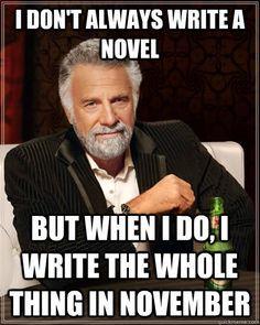 Picture with text reading "I don't always write a novel, but when I do, I write the whole thing in November"