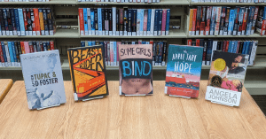 Picture of five books: After Tupac & D Foster by Jacqueline Woodson, Beast Rider: A Boy’s Journey Beyond the Border by Tony Johnston, Some Girls Bind by Rory James, The Apple Tart of Hope by Sarah Moore Fitzgerald, The First Part Last by Angela Johnson