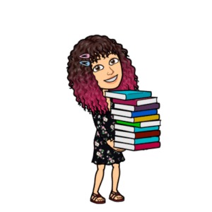 Cartoon of woman with curly brown hair and floral dress holding a stack of books.